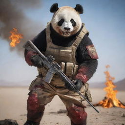 A fiercely resolute anthropomorphic panda warrior in desert camouflage, bloodied but unbowed, roaring amid a heated firefight in the stark expanse of the desert, AK47 ablaze.