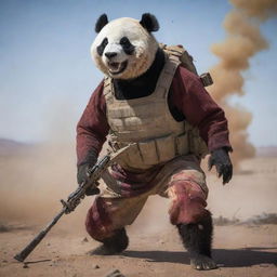 A fiercely resolute anthropomorphic panda warrior in desert camouflage, bloodied but unbowed, roaring amid a heated firefight in the stark expanse of the desert, AK47 ablaze.