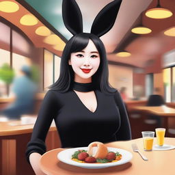 Create an image of a woman wearing a black bunny suit, complete with bunny ears and a fluffy tail