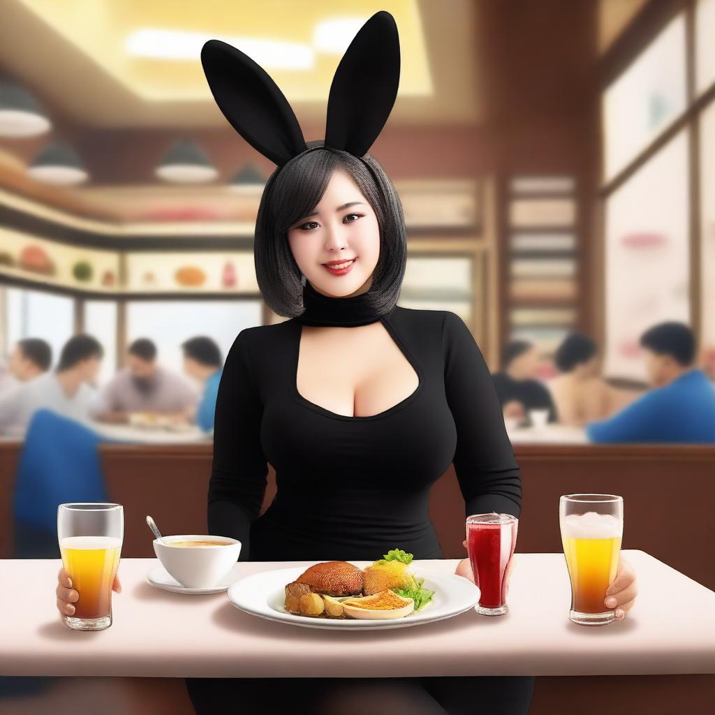 Create an image of a woman wearing a black bunny suit, complete with bunny ears and a fluffy tail