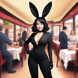 Create an image of a woman wearing a black bunny suit, complete with bunny ears and a fluffy tail