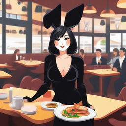 Create an image of a woman wearing a black bunny suit, complete with bunny ears and a fluffy tail