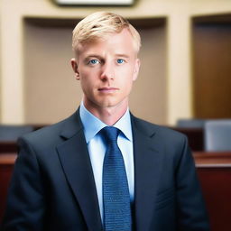 A male lawyer with blond very short hair and blue eyes