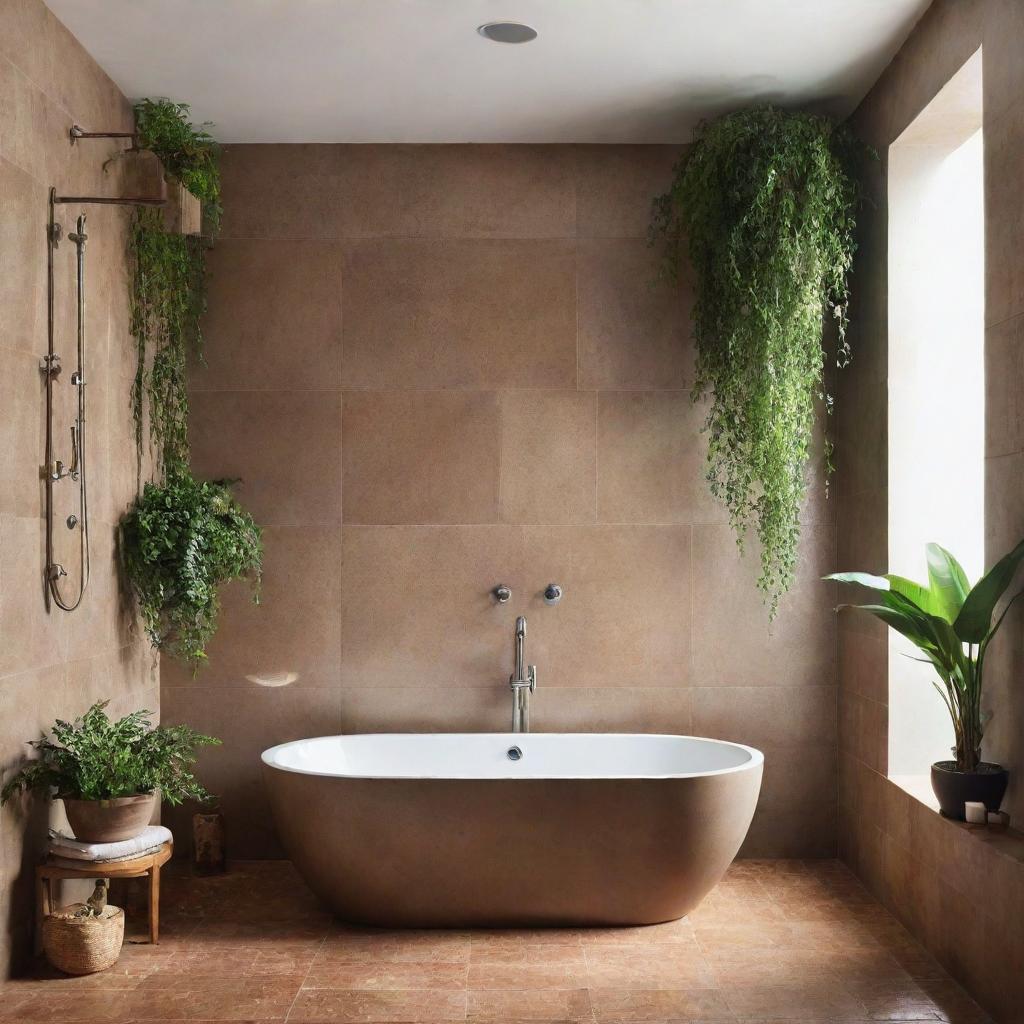 A spa-like tranquil bathroom with earth-toned tiles, a luxurious rainfall shower, a standalone bathtub, a vanity with ample storage, and a lush hanging plant adding a splash of color.