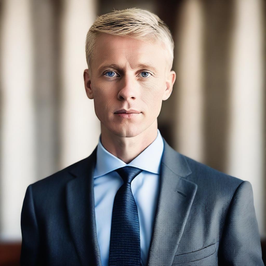 A male lawyer with blond very short hair and blue eyes