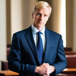 A male lawyer with blond very short hair and blue eyes