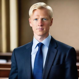 A male lawyer with blond very short hair and blue eyes