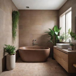 A spa-like tranquil bathroom with earth-toned tiles, a luxurious rainfall shower, a standalone bathtub, a vanity with ample storage, and a lush hanging plant adding a splash of color.