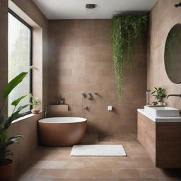 A spa-like tranquil bathroom with earth-toned tiles, a luxurious rainfall shower, a standalone bathtub, a vanity with ample storage, and a lush hanging plant adding a splash of color.