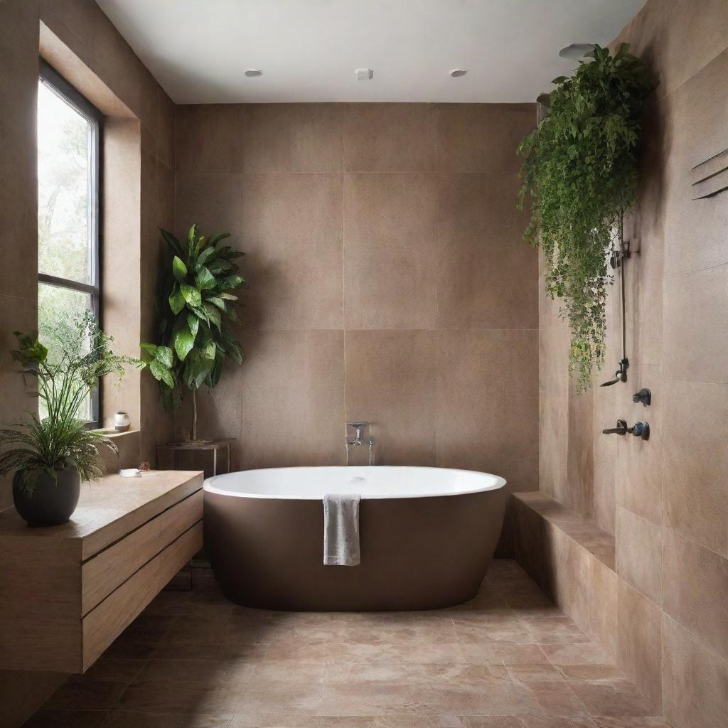 A spa-like tranquil bathroom with earth-toned tiles, a luxurious rainfall shower, a standalone bathtub, a vanity with ample storage, and a lush hanging plant adding a splash of color.