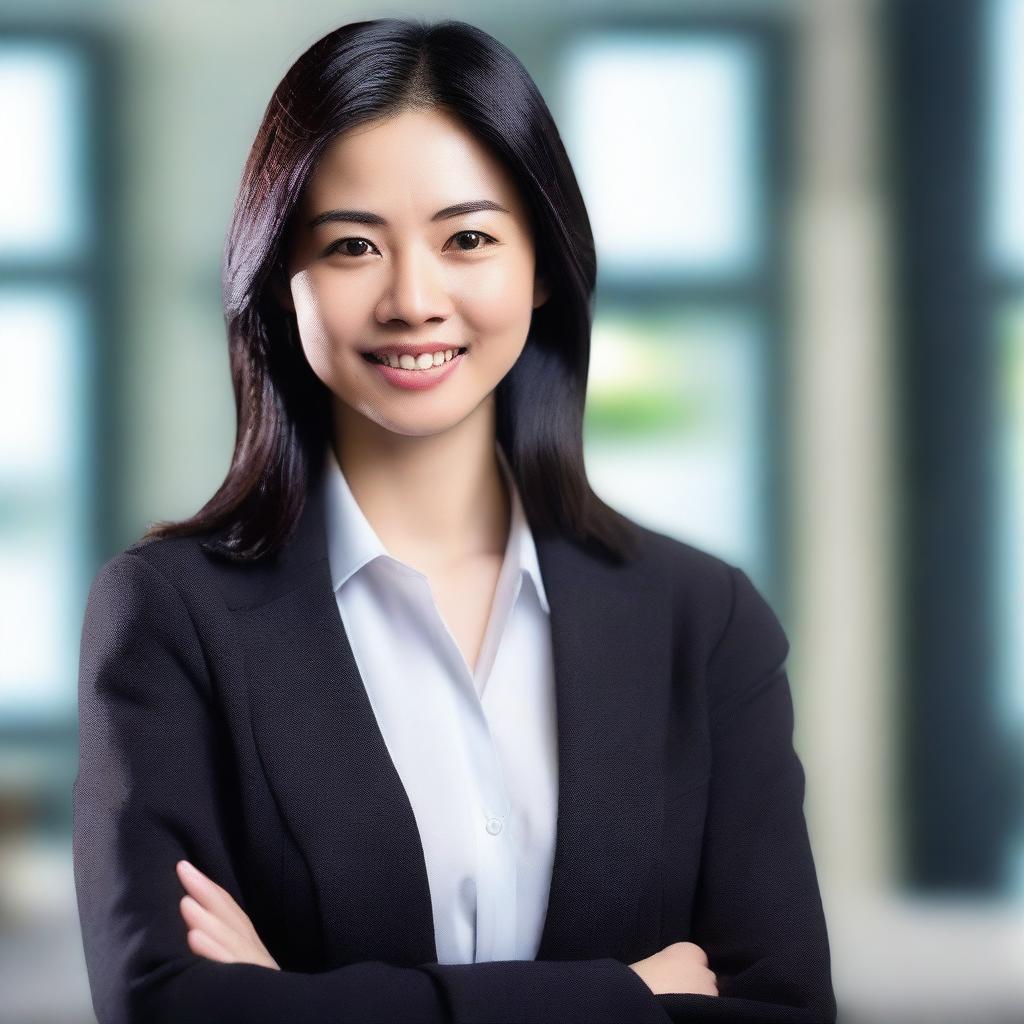 A young, intelligent Asian lawyer with dark black straight hair