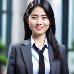 A young, intelligent Asian lawyer with dark black straight hair