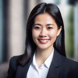 A young, intelligent Asian lawyer with dark black straight hair