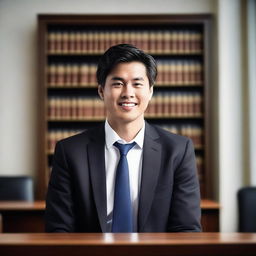 A young, intelligent Asian male lawyer with dark black straight hair