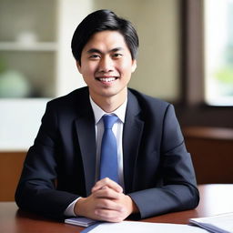 A young, intelligent Asian male lawyer with dark black straight hair