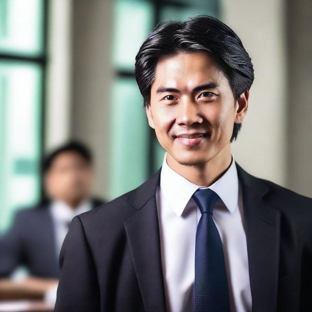 A young, intelligent Asian male lawyer with dark black straight hair