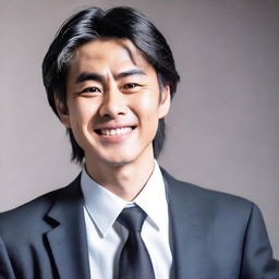 A young, intelligent Japanese male lawyer with dark black straight hair