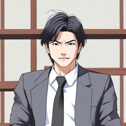 A young, intelligent Japanese male lawyer with dark black straight hair