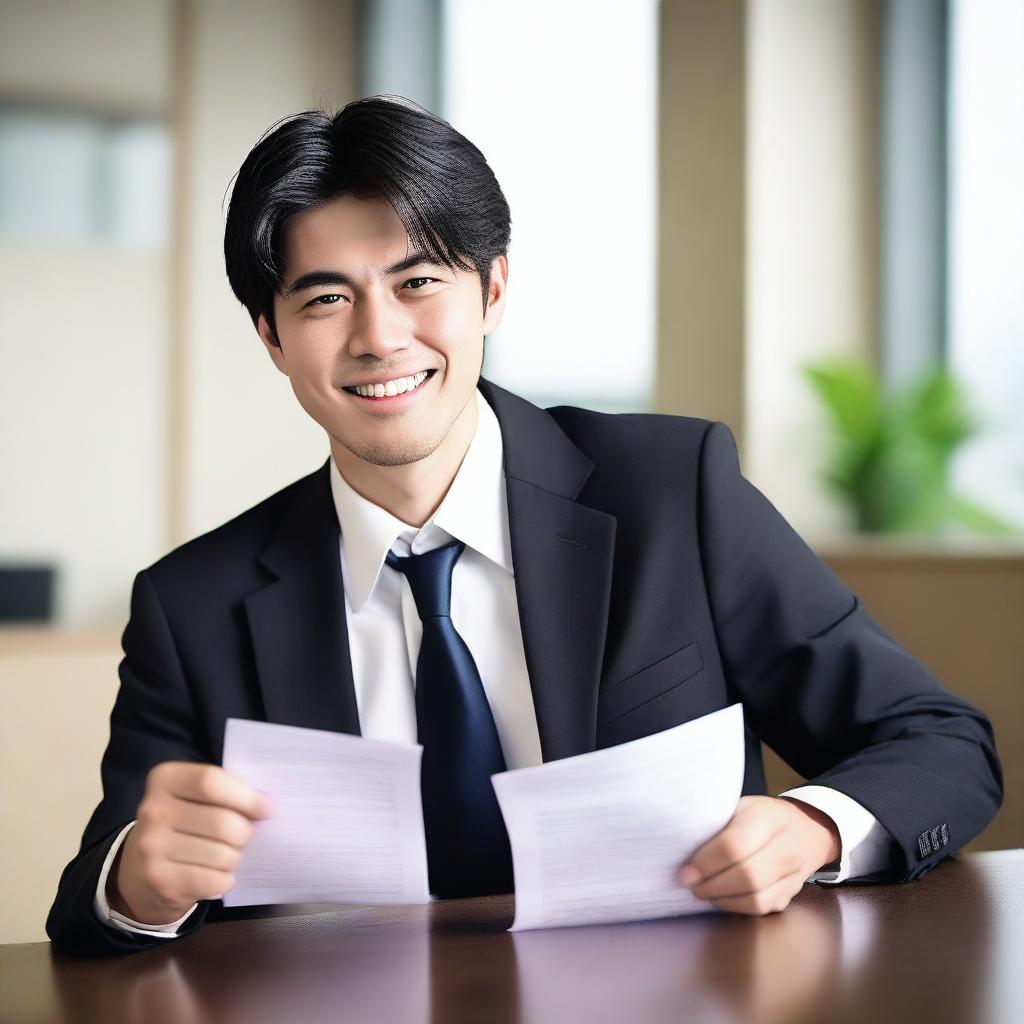 A young, intelligent Japanese male lawyer with dark black straight hair