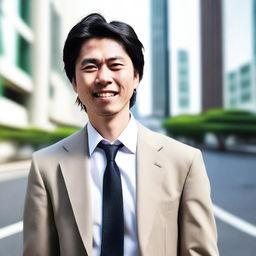 A young, intelligent Japanese male lawyer with dark black straight hair