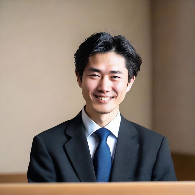 A young, intelligent Japanese male lawyer with dark black straight hair