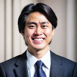 A young, intelligent Japanese male lawyer with dark black straight hair