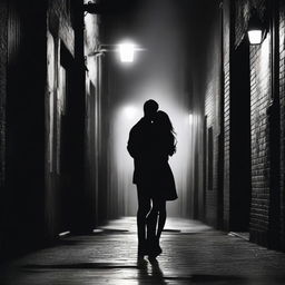 An urban setting with a gritty, noir feel, showcasing a silhouette of a man and a woman in a romantic embrace against a backdrop of city lights or a rundown alleyway