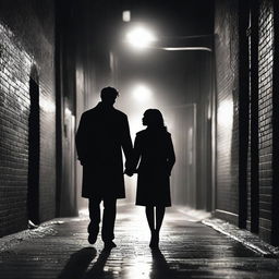 An urban setting with a gritty, noir feel, showcasing a silhouette of a man and a woman in a romantic embrace against a backdrop of city lights or a rundown alleyway