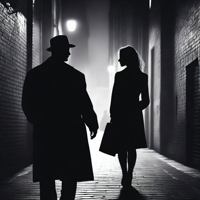 An urban setting with a gritty, noir feel, showcasing a silhouette of a man and a woman in a romantic embrace against a backdrop of city lights or a rundown alleyway