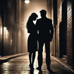 An urban setting with a gritty, noir feel, showcasing a silhouette of a man and a woman in a romantic embrace against a backdrop of city lights or a rundown alleyway