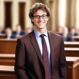 A young, intelligent male lawyer with light brown skin, curly short brown hair, and wearing glasses