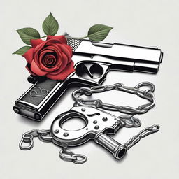 A detailed illustration of a gun and handcuffs intertwined with a rose