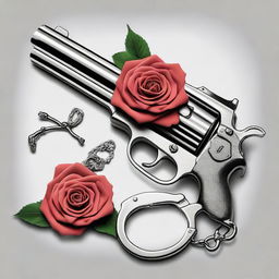 A detailed illustration of a gun and handcuffs intertwined with a rose