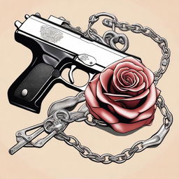 A detailed illustration of a gun and handcuffs intertwined with a rose