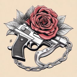 A detailed illustration of a gun and handcuffs intertwined with a rose