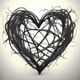 An abstract design featuring tangled vines or thorns weaving through a broken heart