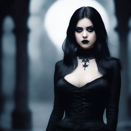 A black-haired goth girl with a dark and mysterious aura