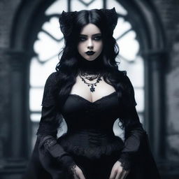 A black-haired goth girl with a dark and mysterious aura