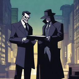 A dramatic scene featuring a villain and a reporter facing off