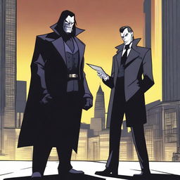 A dramatic scene featuring a villain and a reporter facing off