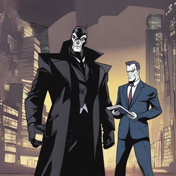 A dramatic scene featuring a villain and a reporter facing off