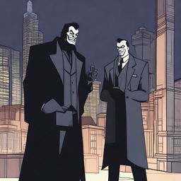 A dramatic scene featuring a villain and a reporter facing off