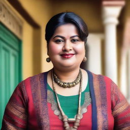 A portrait of a chubby aunty wearing stylish attire, with a confident and warm expression