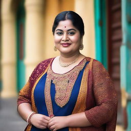 A portrait of a chubby aunty wearing stylish attire, with a confident and warm expression