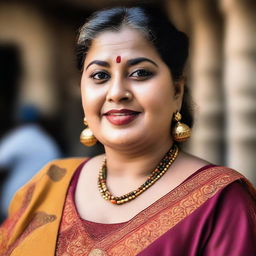 A portrait of a chubby aunty wearing stylish attire, with a confident and warm expression