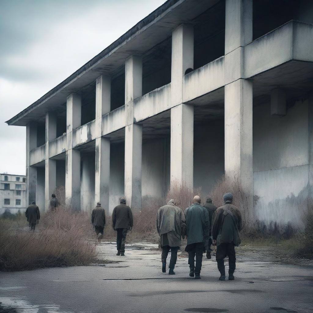 An old military concrete hospital with a weathered and abandoned look