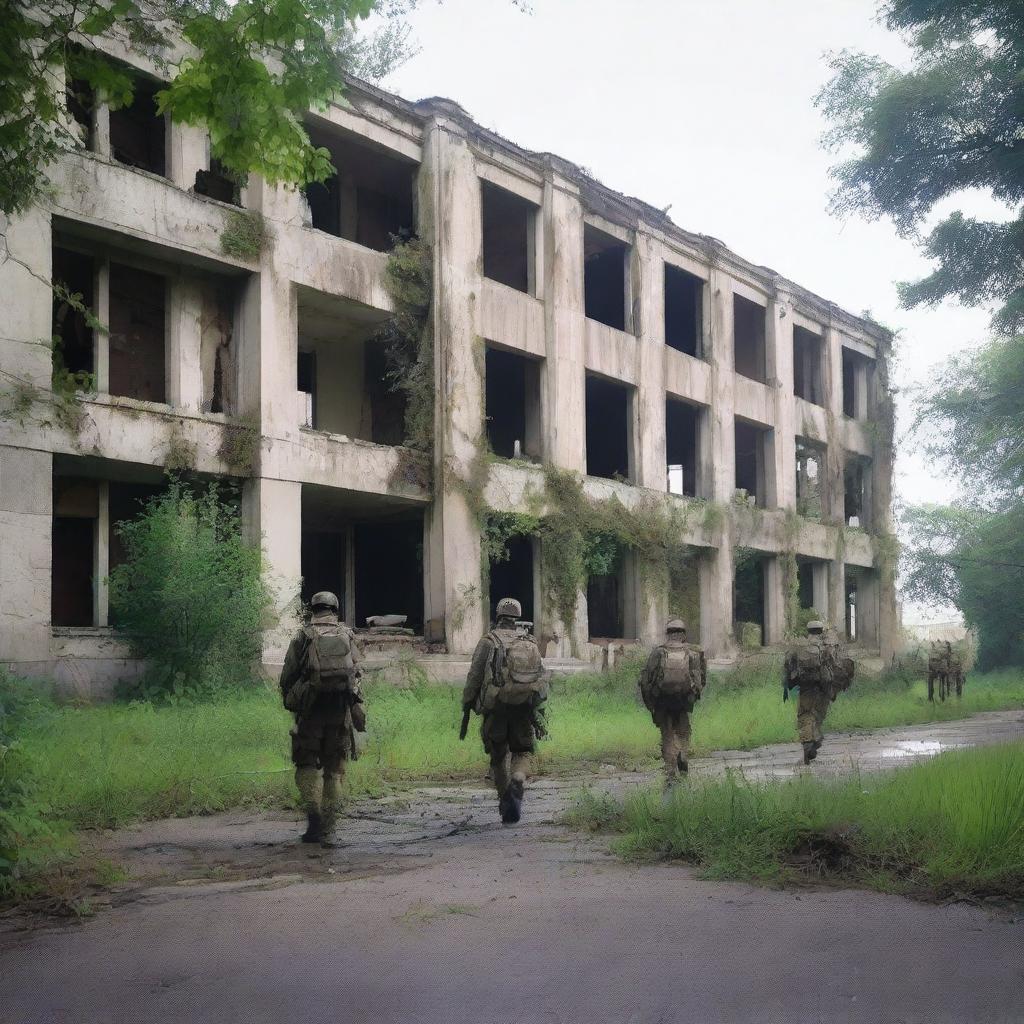 An old, rectangular concrete military hospital that appears deserted