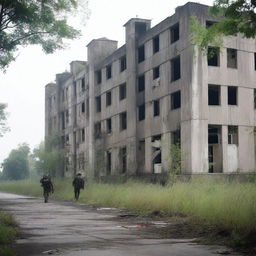 An old, rectangular concrete military hospital that appears deserted