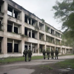 An old, rectangular concrete military hospital that appears deserted