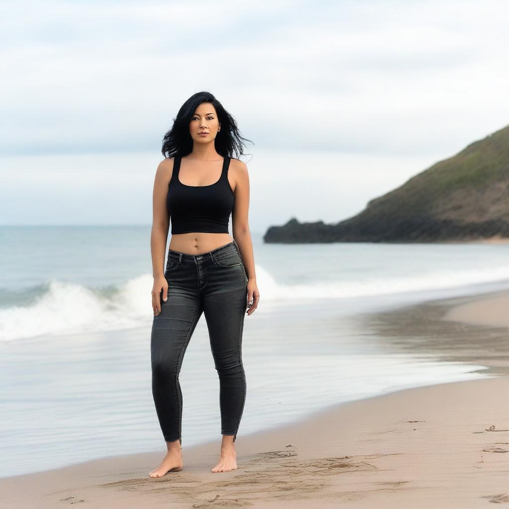 A woman in her 40s with black hair, wearing a black crop top and skinny jeans, standing by the sea